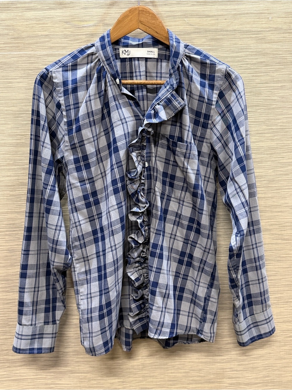 KMJ Plaid Ruffle Button Front Blouse Women’s S Preppy Southern